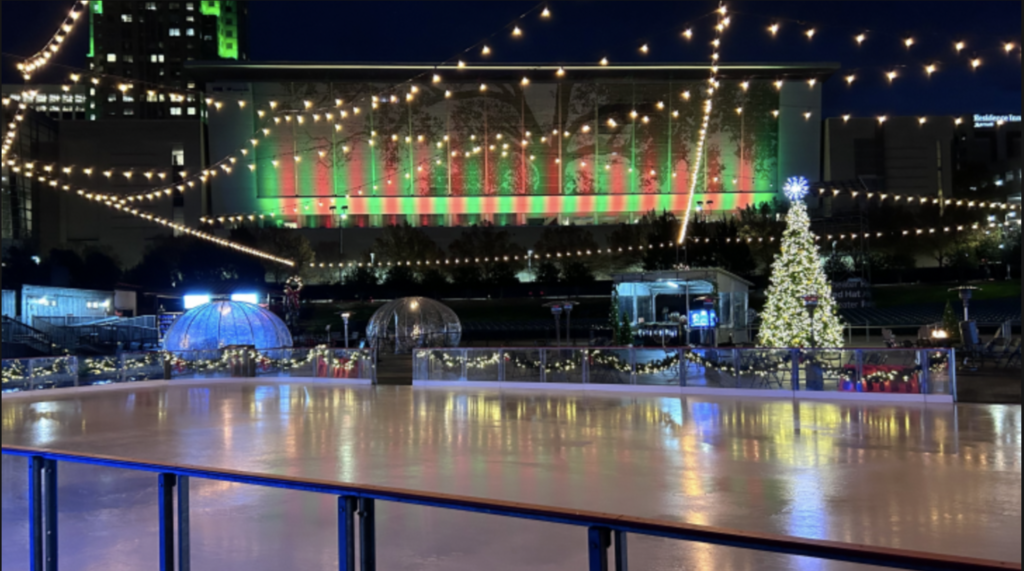 Ice skating at the Rink at RedHat in Downtown Raleigh, NC is a Christmas event staple.